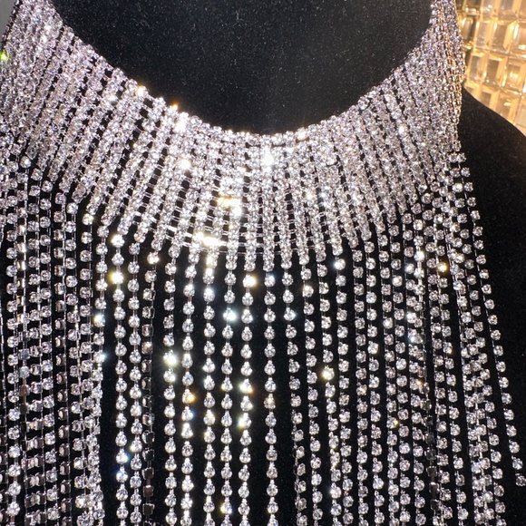 Style 60s Era Clear Rhinestone Drippy Bib Waterfall Necklace Silver 14" - Picture 3 of 7